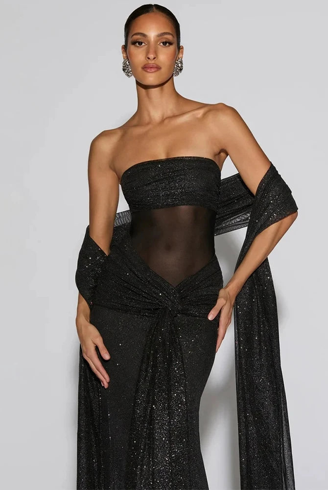 Fleur off-shoulder avondjurk zwart detail glitter