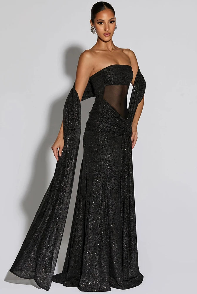 Fleur off-shoulder avondjurk dames champagne vooraanzicht