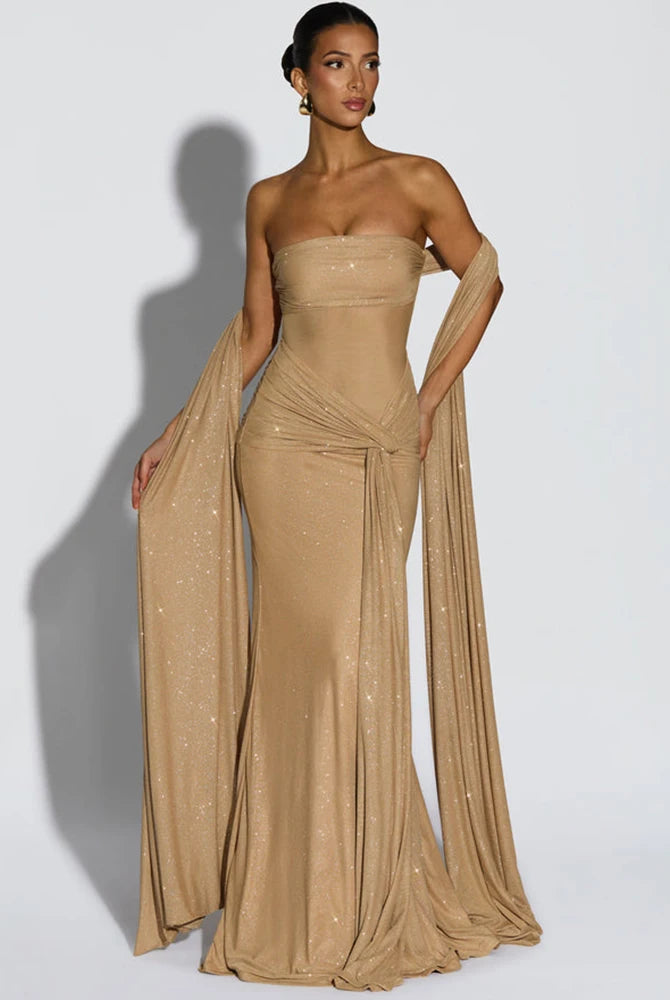 Fleur off-shoulder avondjurk volledige look