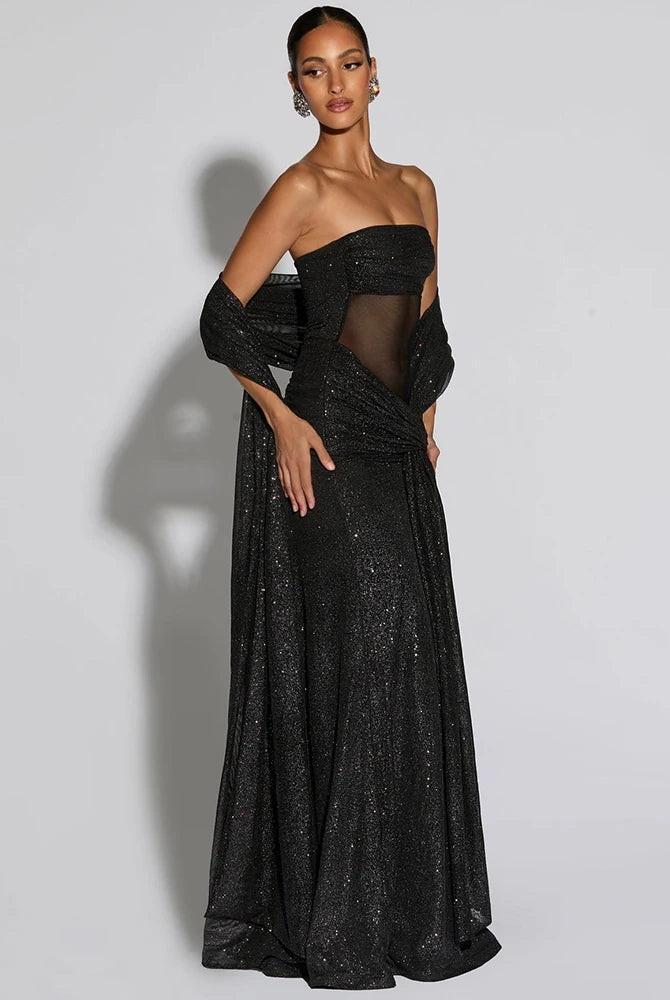 Fleur off-shoulder avondjurk champagne detail