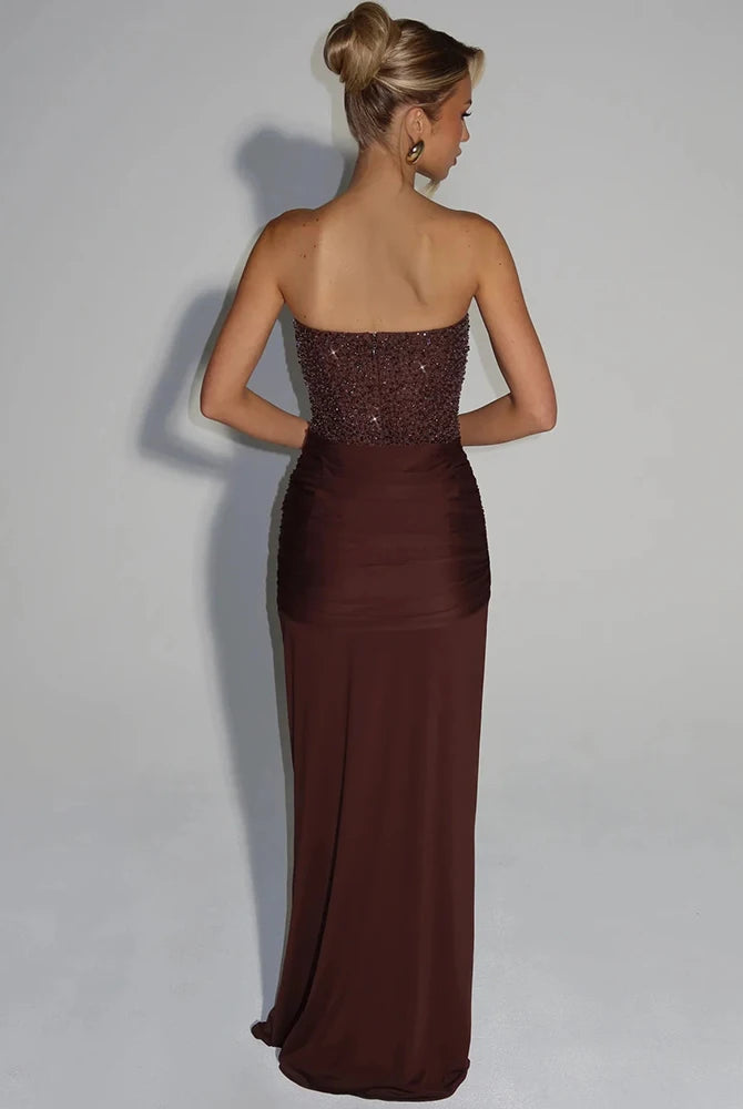 Anouk satijnen jurk dames bruin volledige look