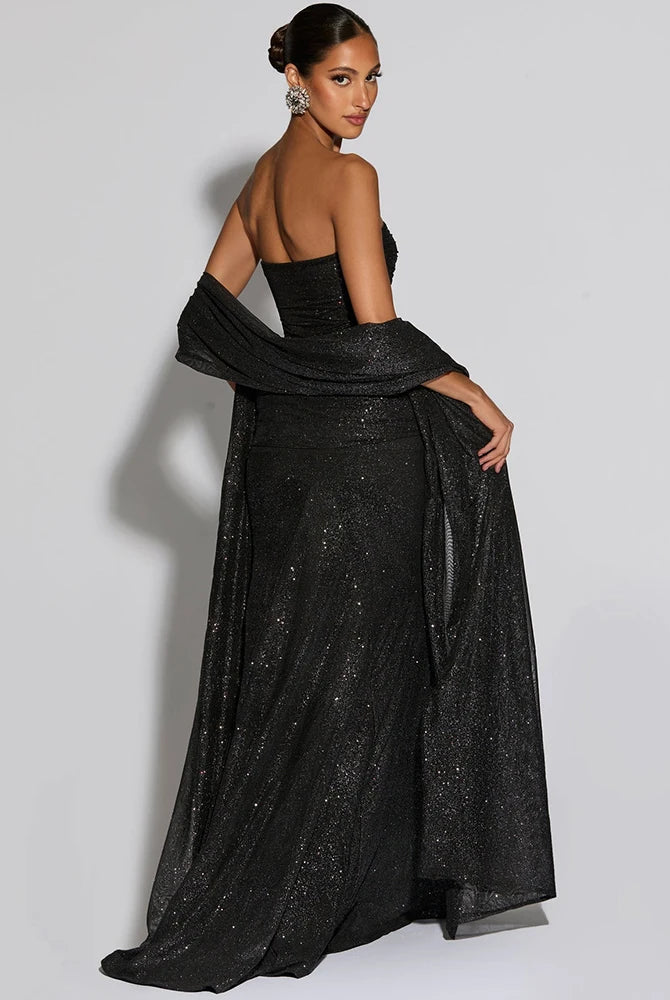 Fleur off-shoulder avondjurk zwart vooraanzicht