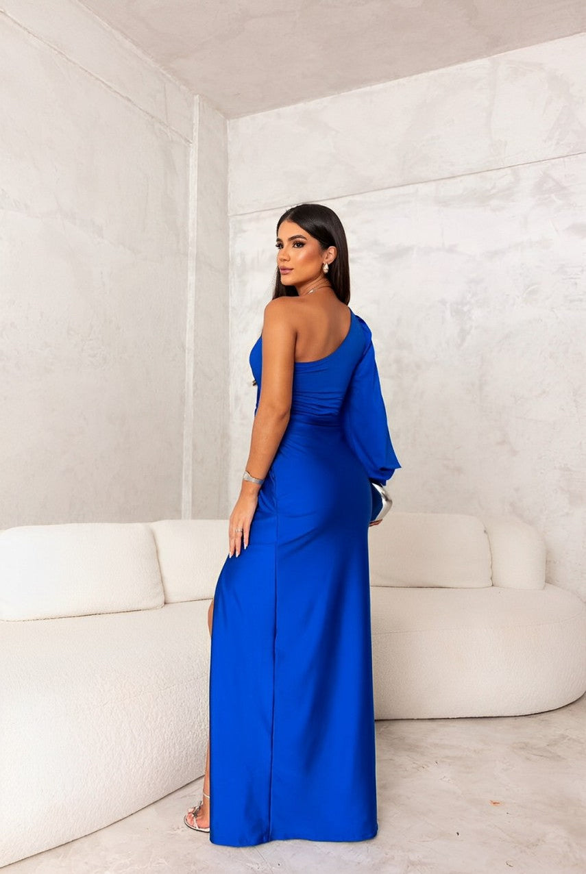 Sophie one-shoulder avondjurk dames blauw detailfoto