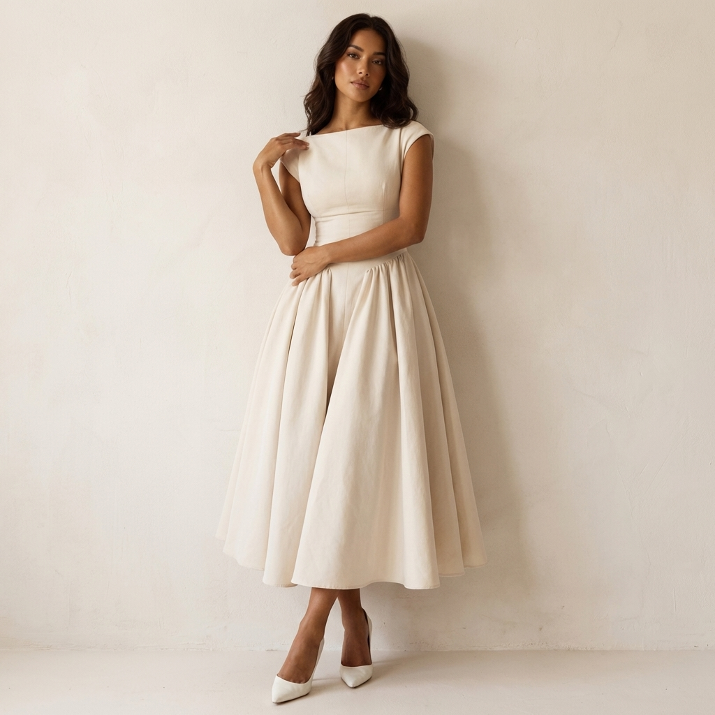 Elegante midi jurk met volumineuze rok – Maud | Beige