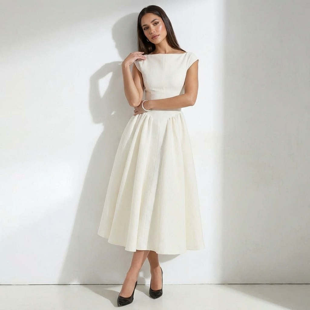 Elegante midi jurk met volumineuze rok – Maud | achterkant