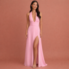 Elegante maxidress met halternek en beensplit – Eva | Roze