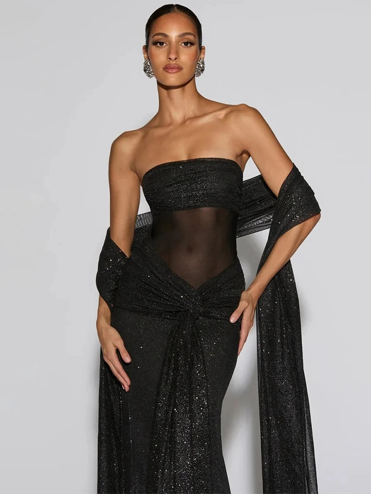 Fleur off-shoulder avondjurk zwart detail glitter