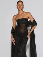 Fleur off-shoulder avondjurk zwart detail glitter