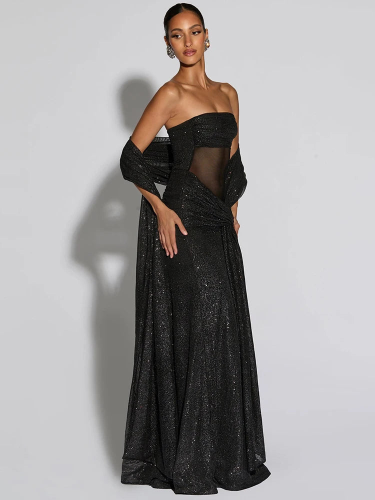 Fleur off-shoulder avondjurk champagne detail