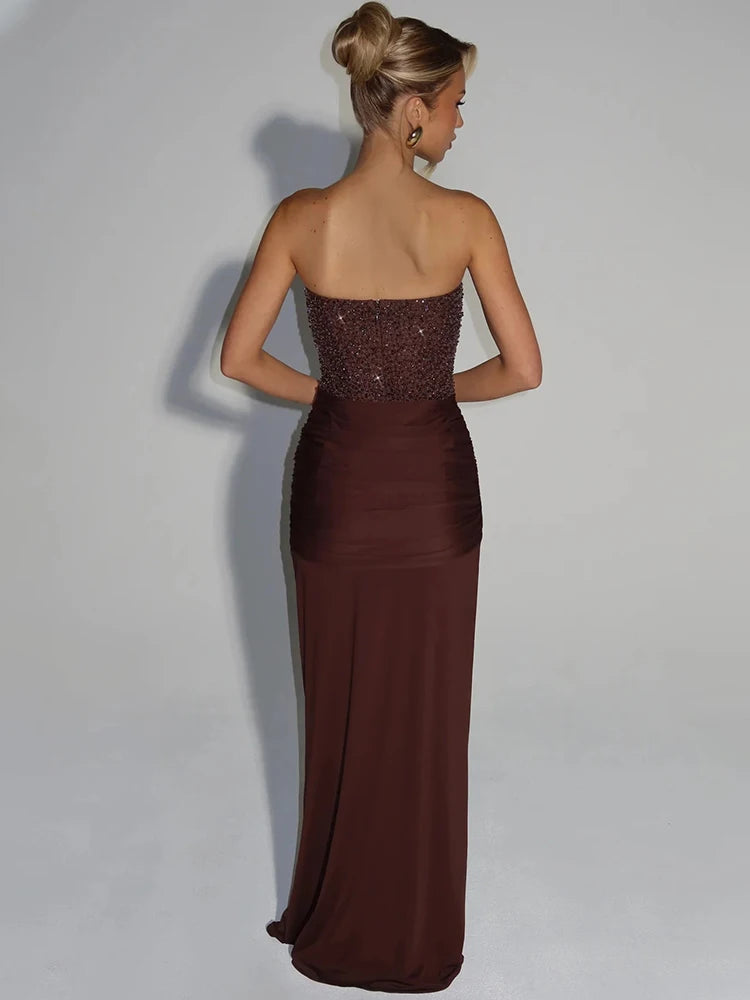 Anouk satijnen jurk dames bruin volledige look