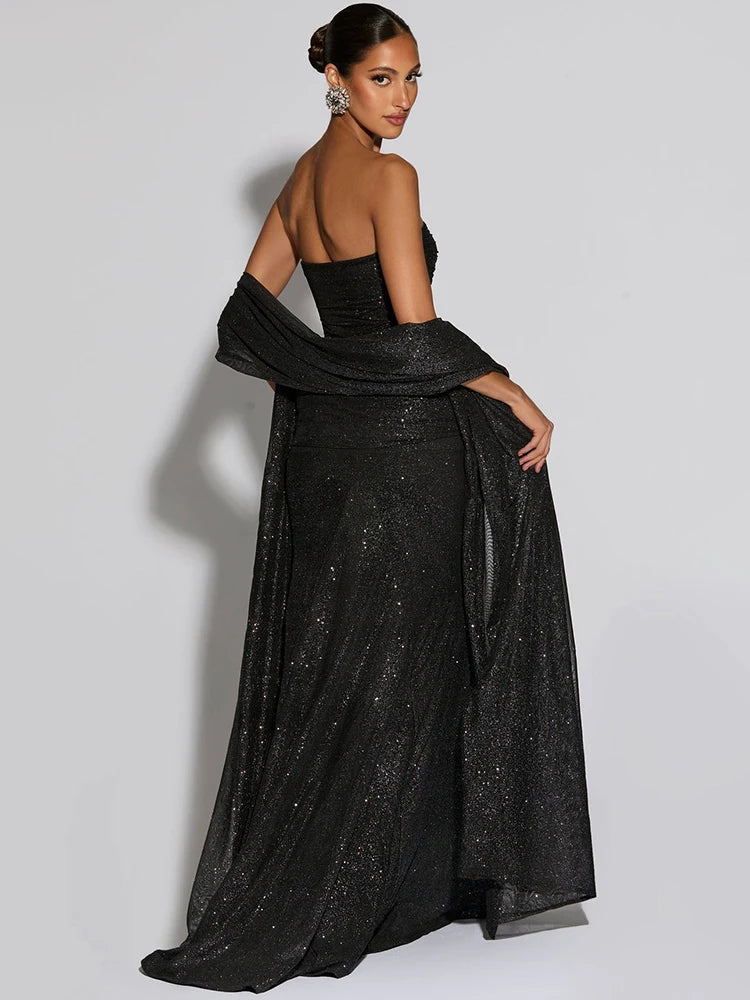 Fleur off-shoulder avondjurk zwart vooraanzicht
