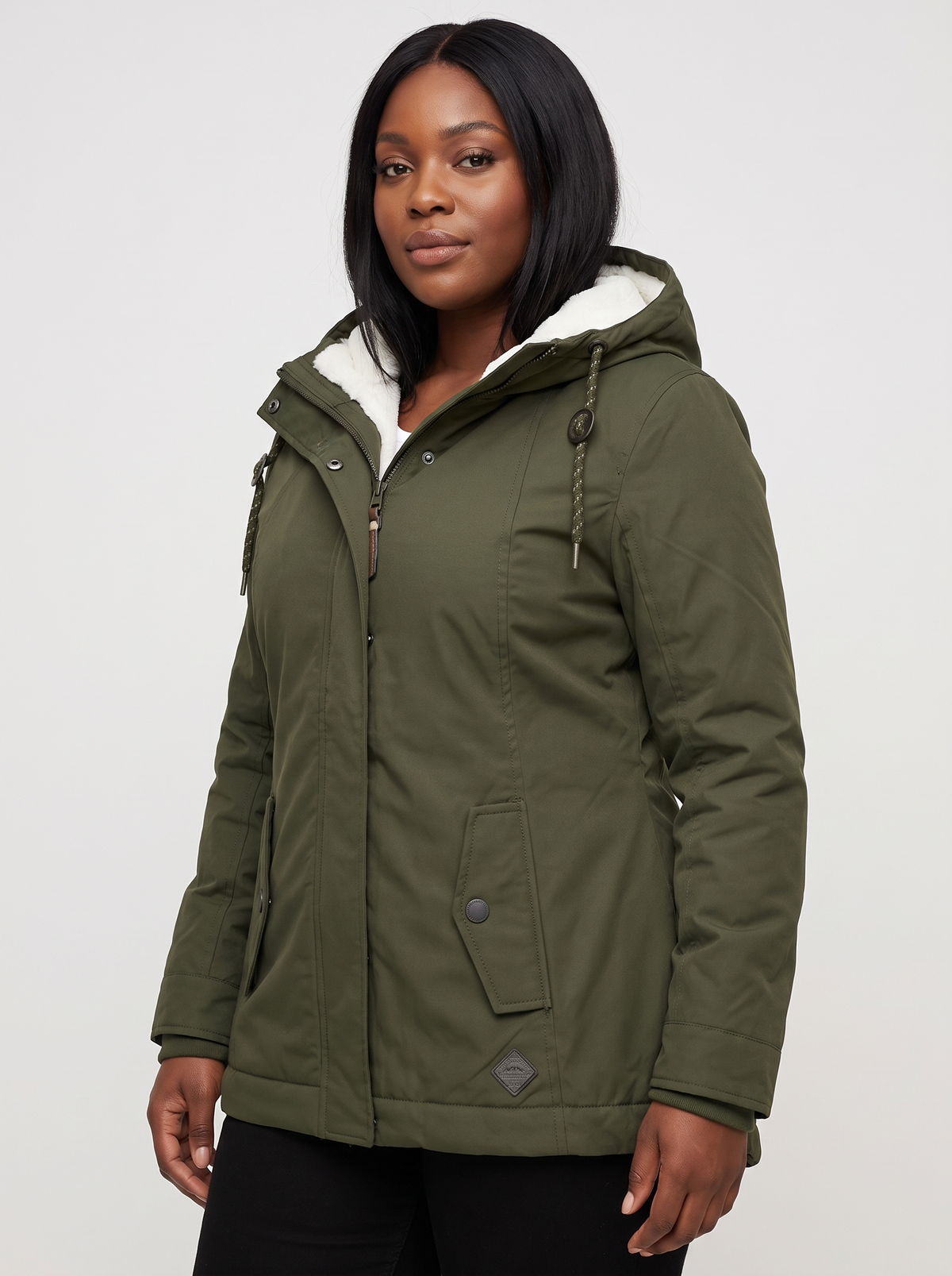 Maggie Lange Winterparka met Capuchon en Teddyvoering – Legergroen (detail)