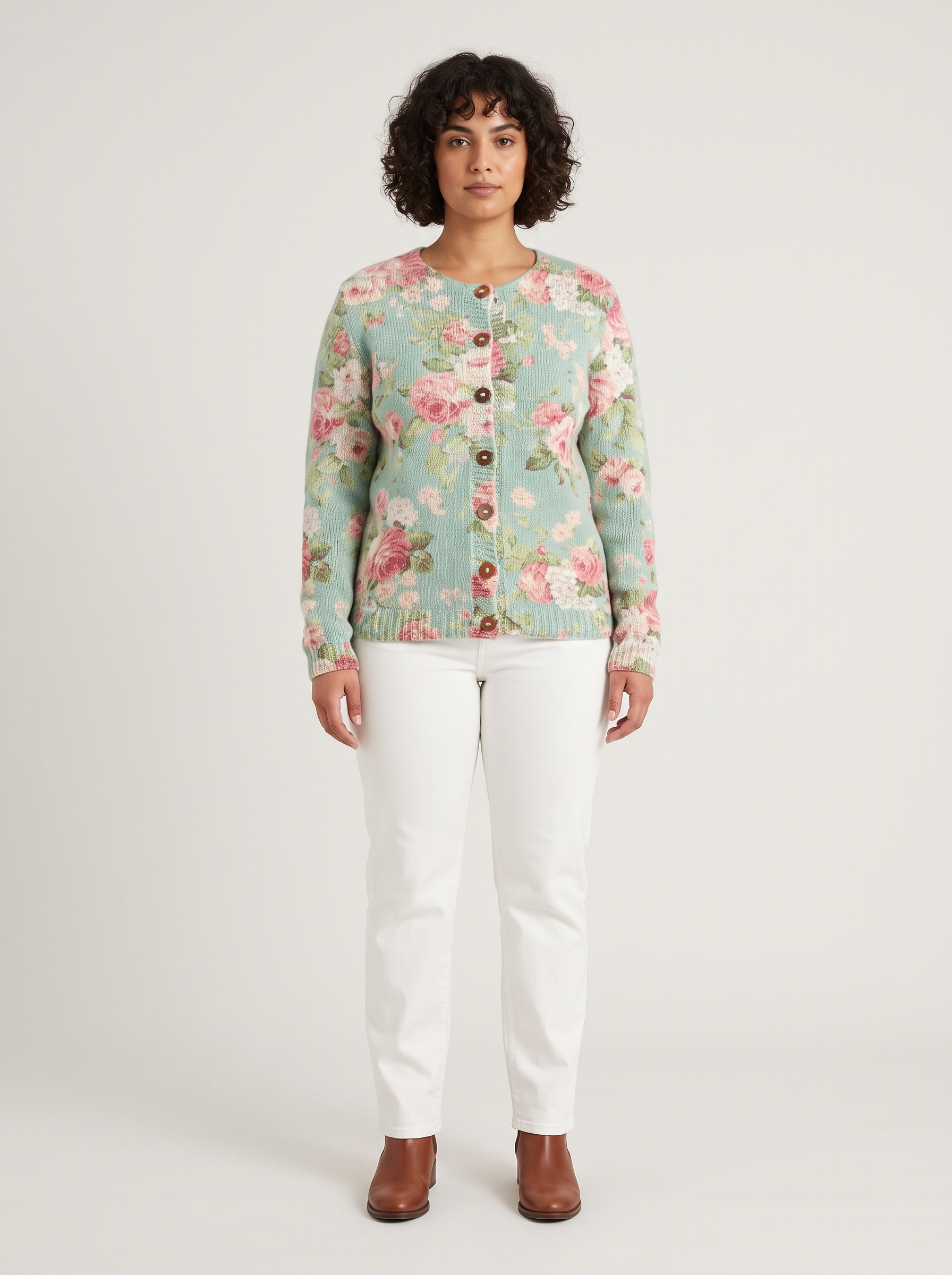 Gebreid dames vest met bloemenprint en knoopsluiting – Groen