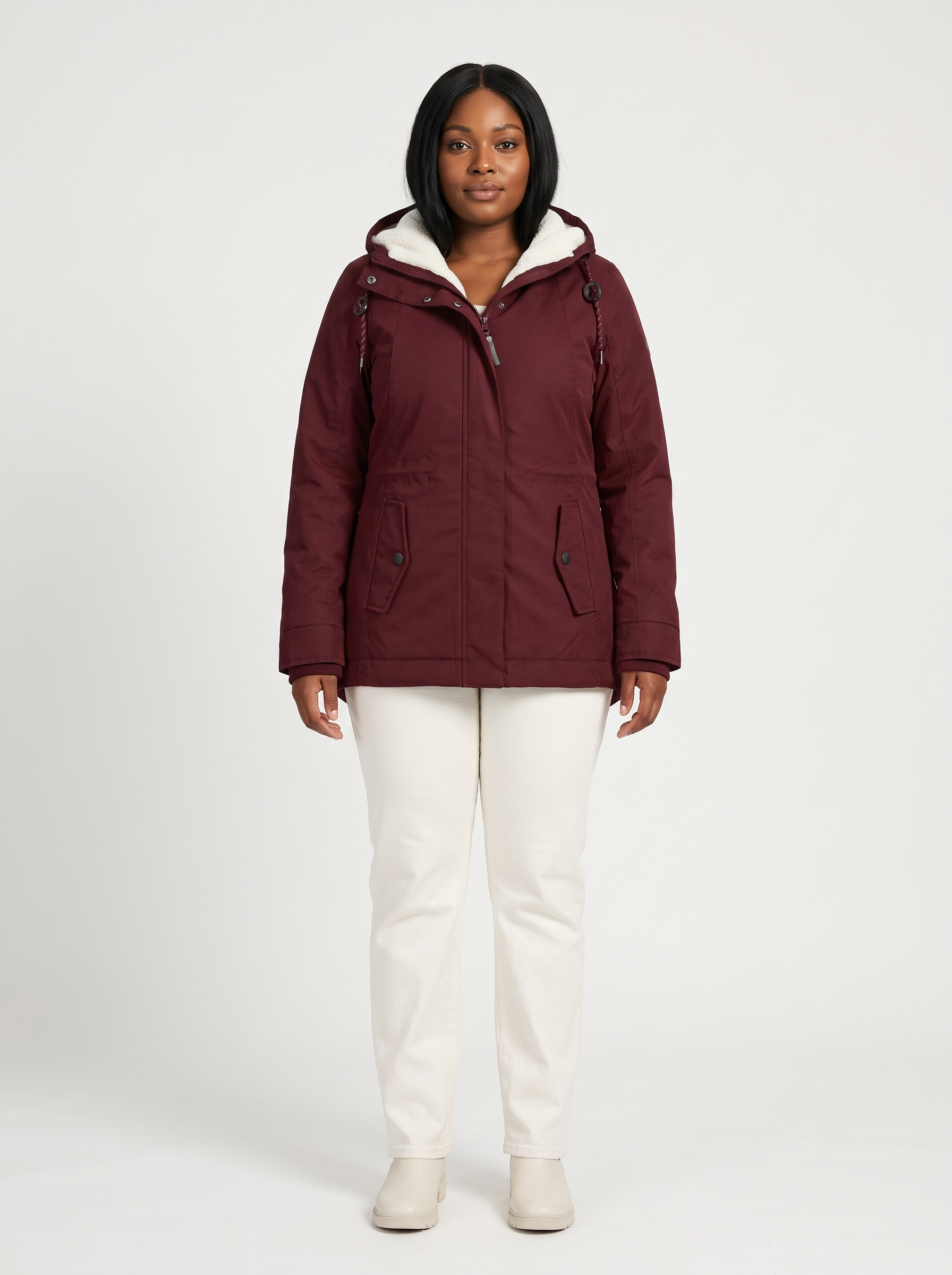 Maggie Lange Winterparka met Capuchon en Teddyvoering – Wijnrood