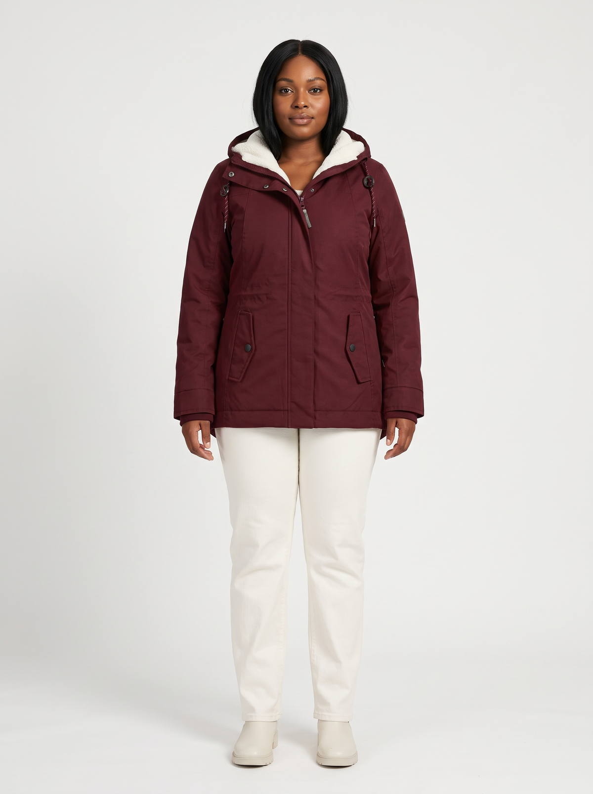Maggie Lange Winterparka met Capuchon en Teddyvoering – Wijnrood