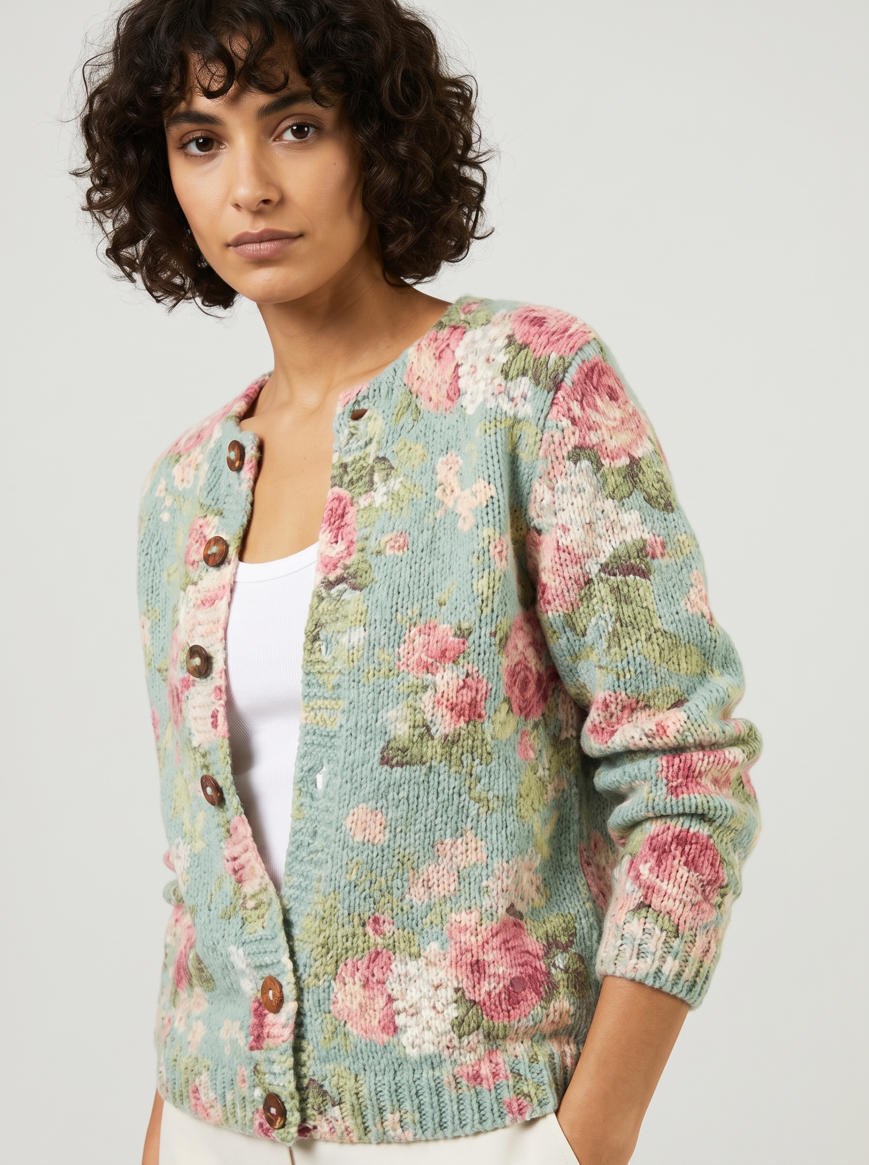 Gebreid dames vest met bloemenprint en knoopsluiting – Groen (detail)