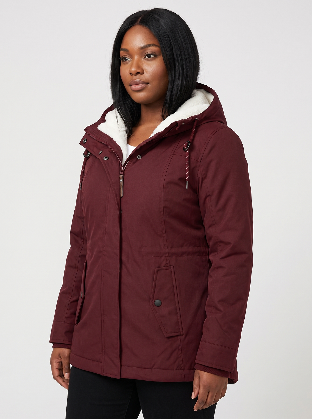 Maggie Lange Winterparka met Capuchon en Teddyvoering – Wijnrood (detail)