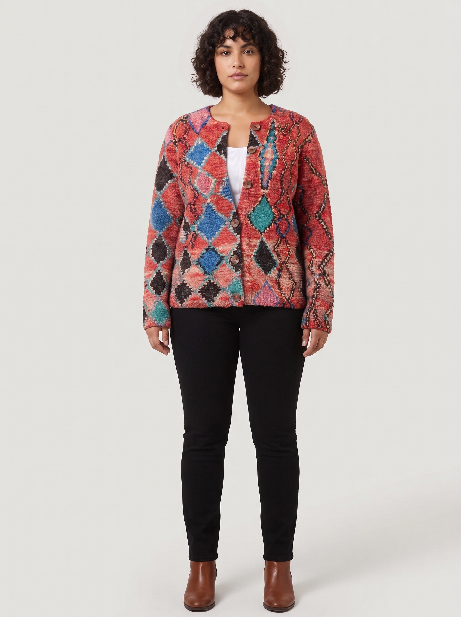 Gebreid dames vest met bloemenprint en knoopsluiting – Rood