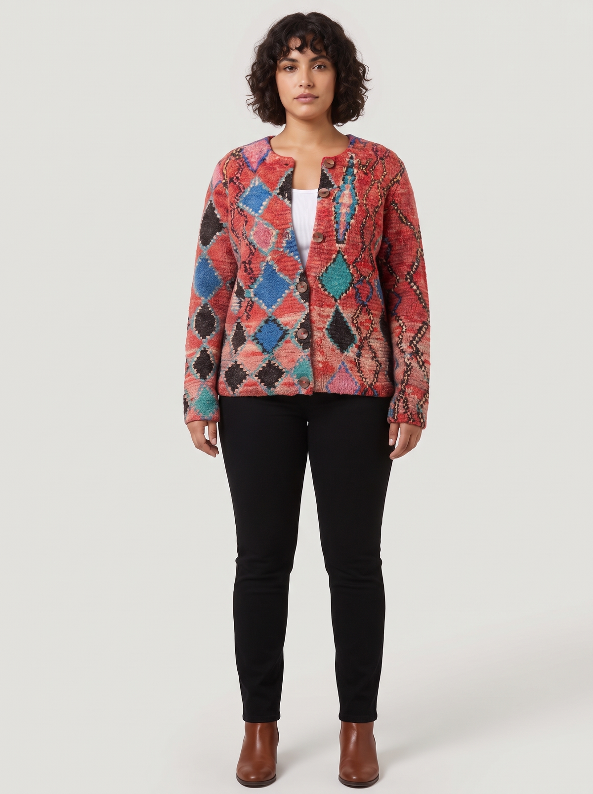 Gebreid dames vest met bloemenprint en knoopsluiting – Rood