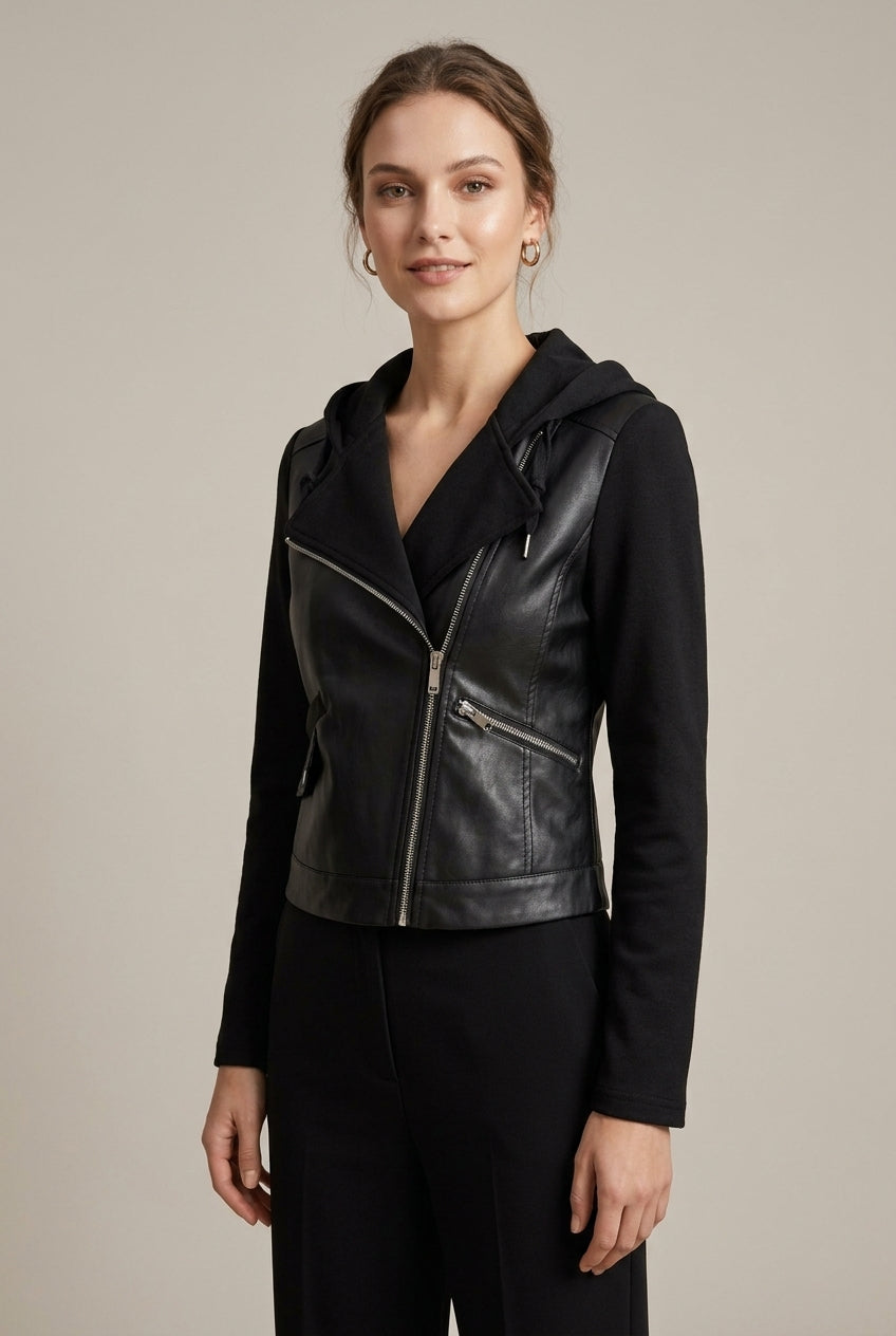 Bikerjack met capuchon en sweat mouwen – zwart – Black