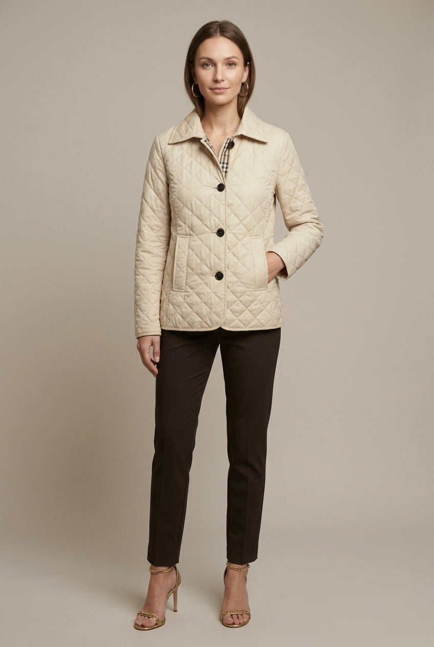 Doorgestikte dames jas met kraag en ruitvoering – Beige