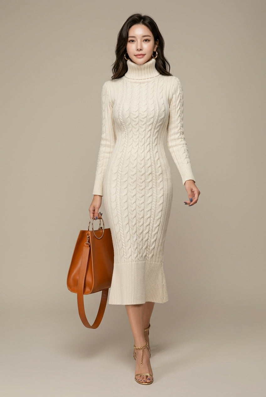 Gebreide midi-jurk met kabelpatroon en col – White
