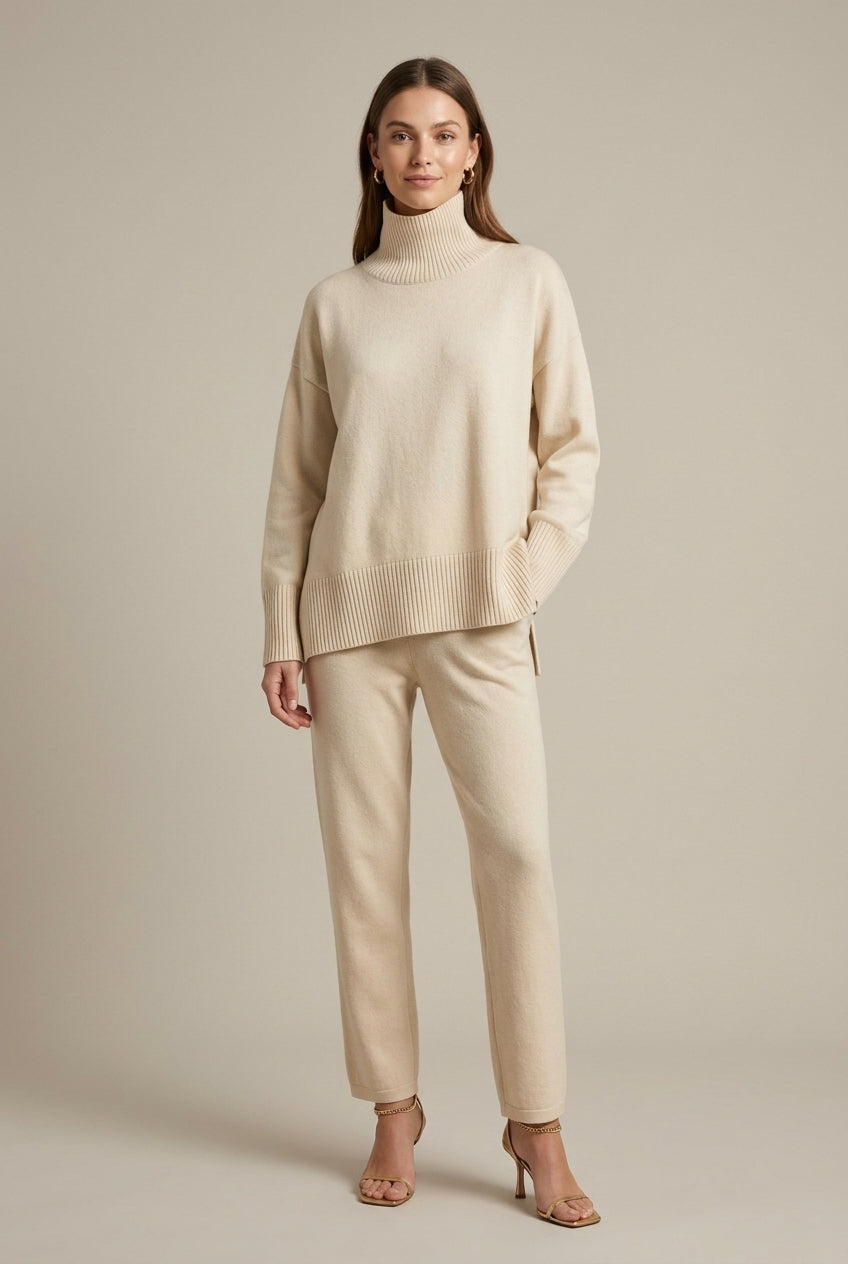 Gebreide Tweedelige Loungeset met Col en Wijde Broek – Beige