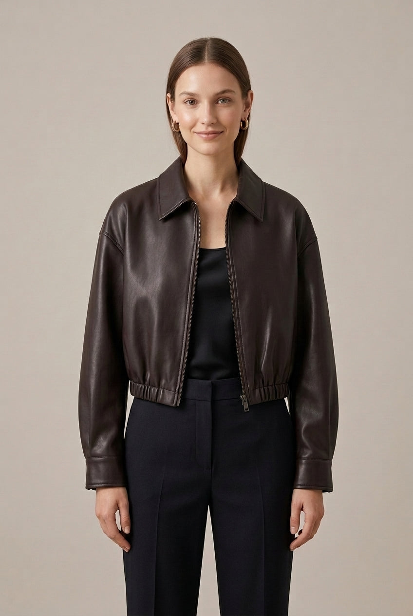 Cropped bomberjas van imitatieleer – donkerbruin – Brown