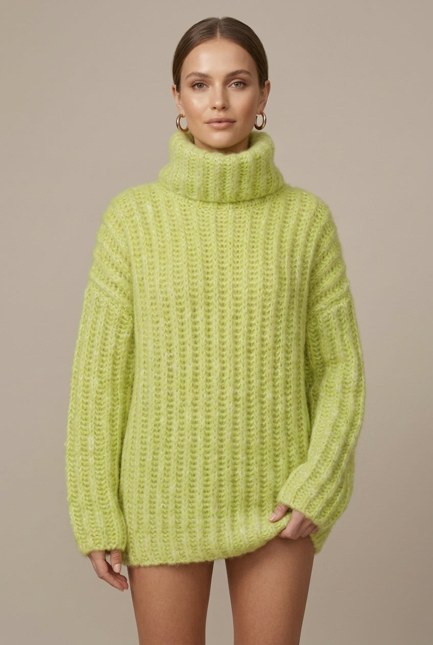Oversized Grofgebreide Coltrui met Ballonmouwen – Light Green
