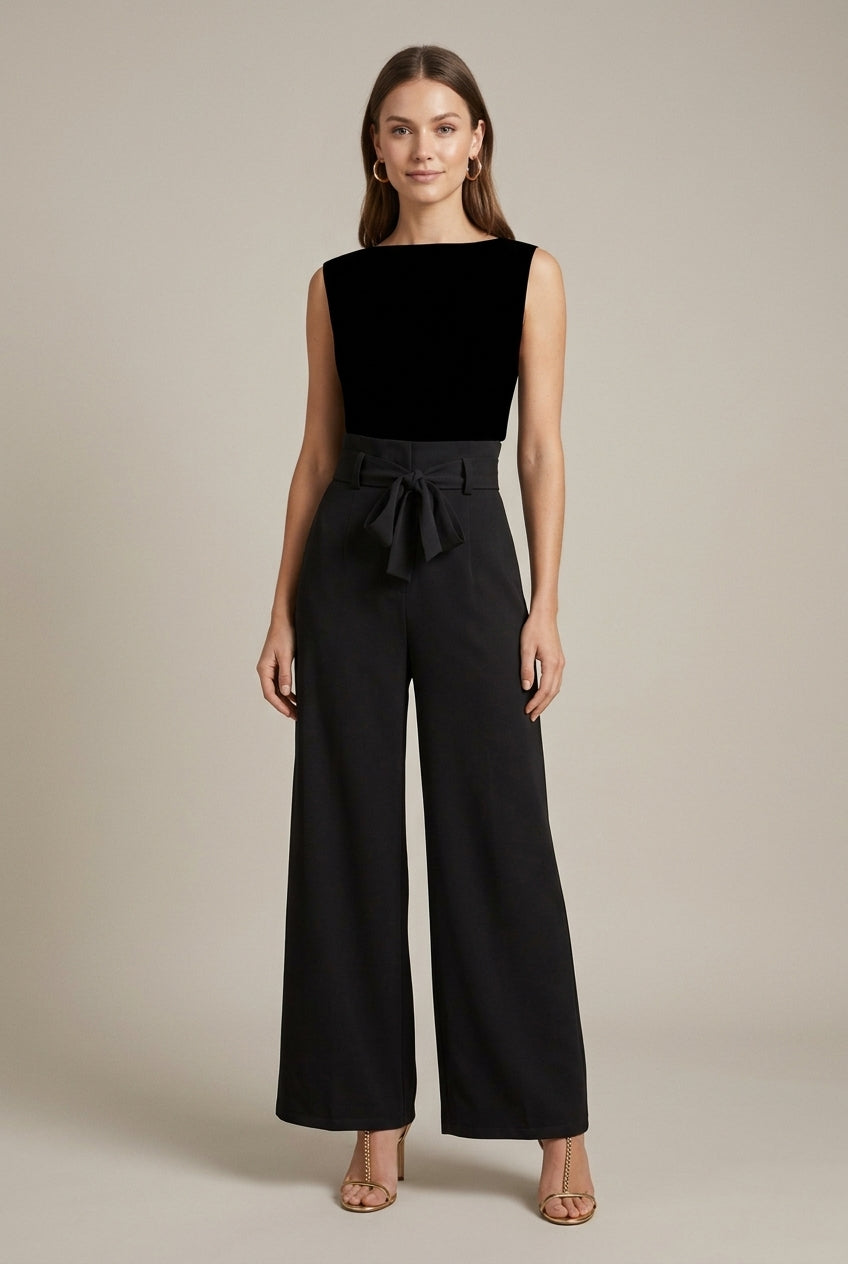 Wijde broek met hoge taille en strikceintuur – Black