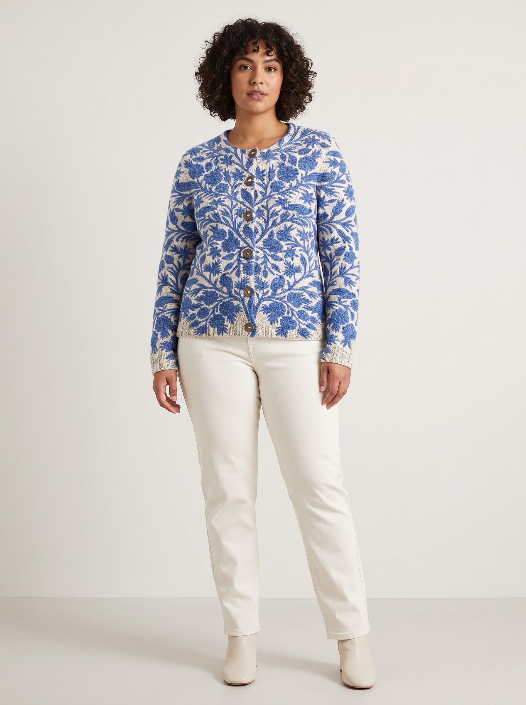 Gebreid dames vest met bloemenprint en knoopsluiting – Blauw