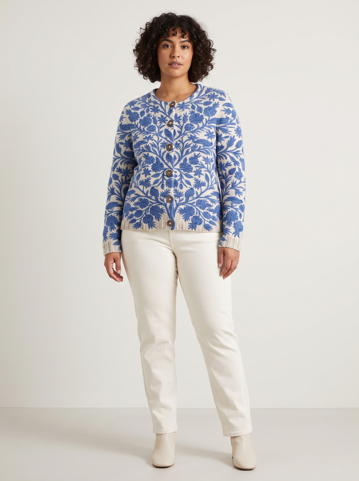 Gebreid dames vest met bloemenprint en knoopsluiting – Blauw