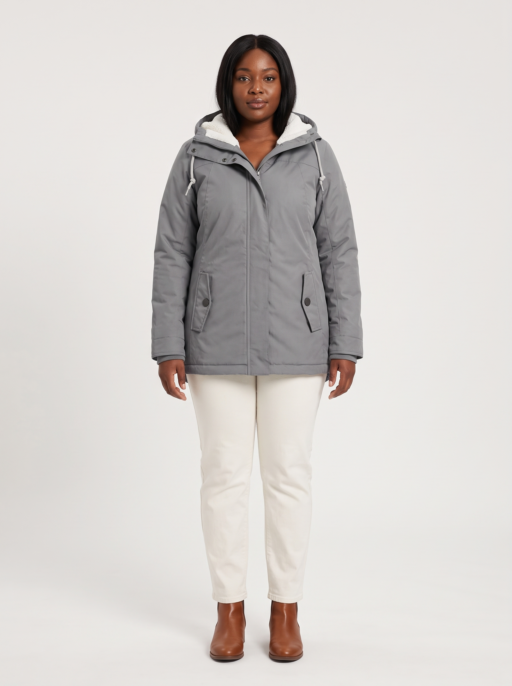 Maggie Lange Winterparka met Capuchon en Teddyvoering – Grijs