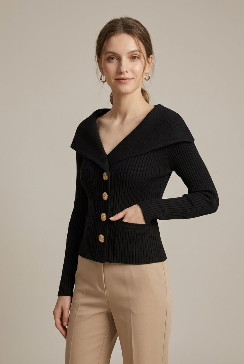 Ribgebreid vest met brede schouderkraag en goudkleurige knopen – Black