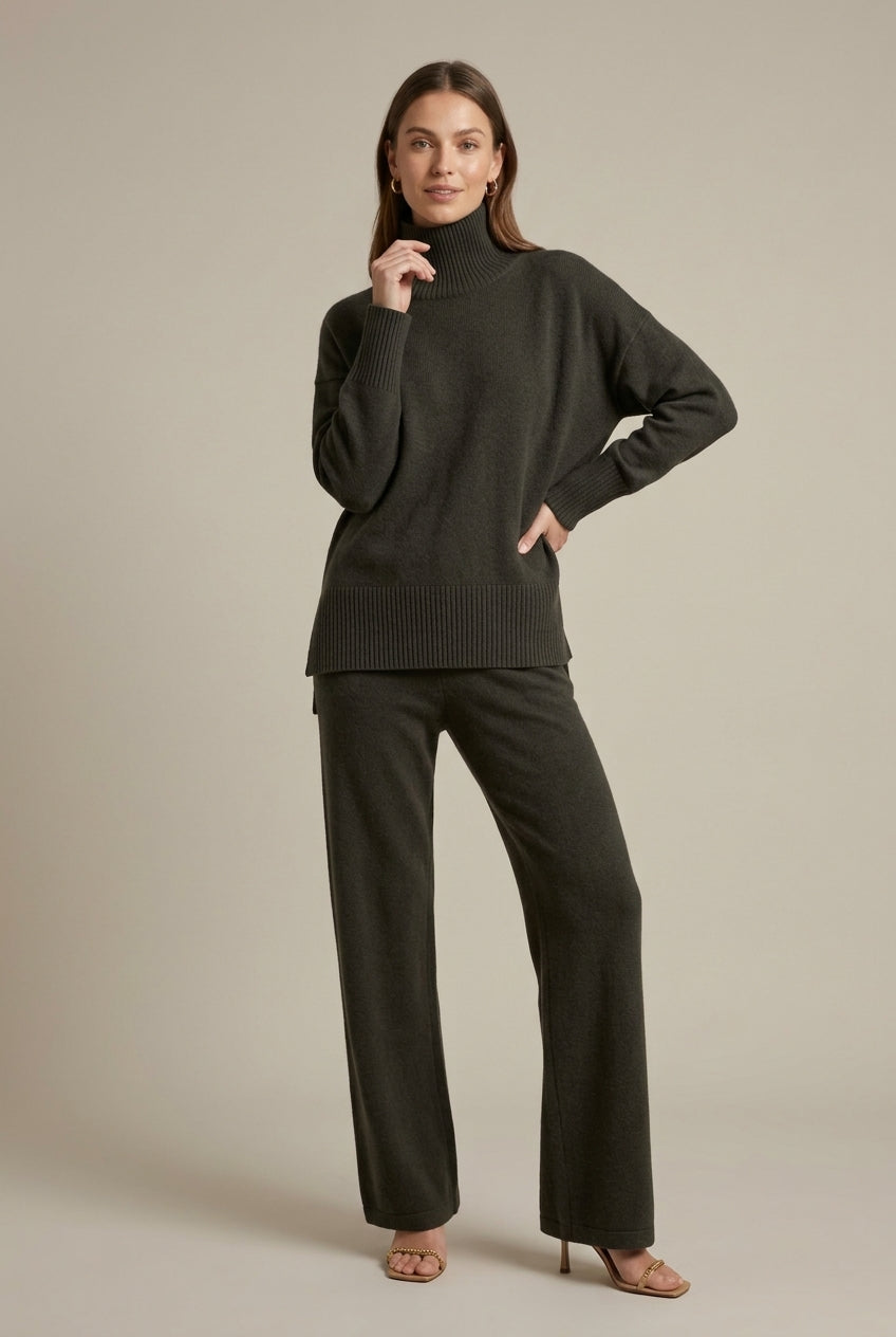 Gebreide Tweedelige Loungeset met Col en Wijde Broek – Black