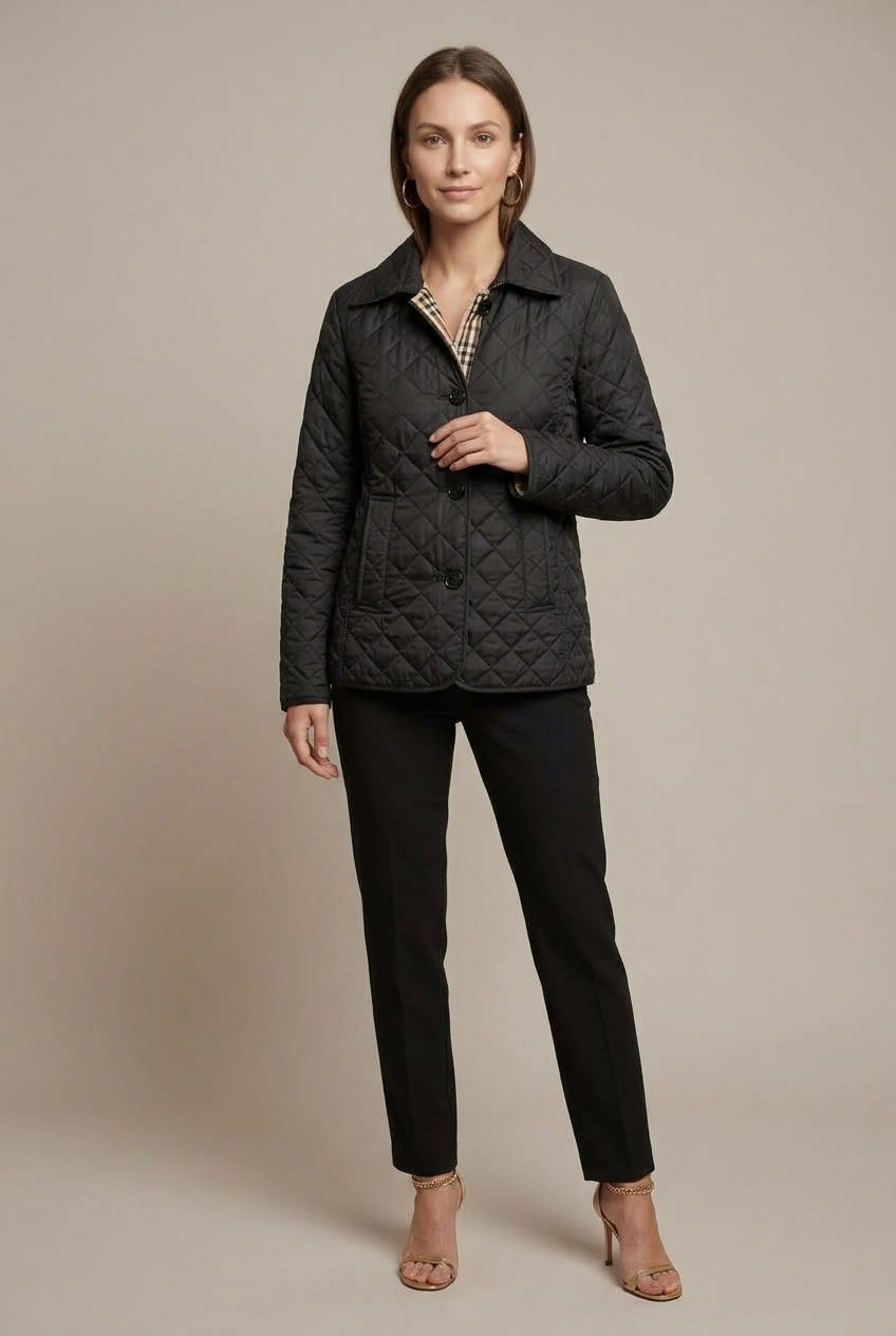 Doorgestikte dames jas met kraag en ruitvoering – Black