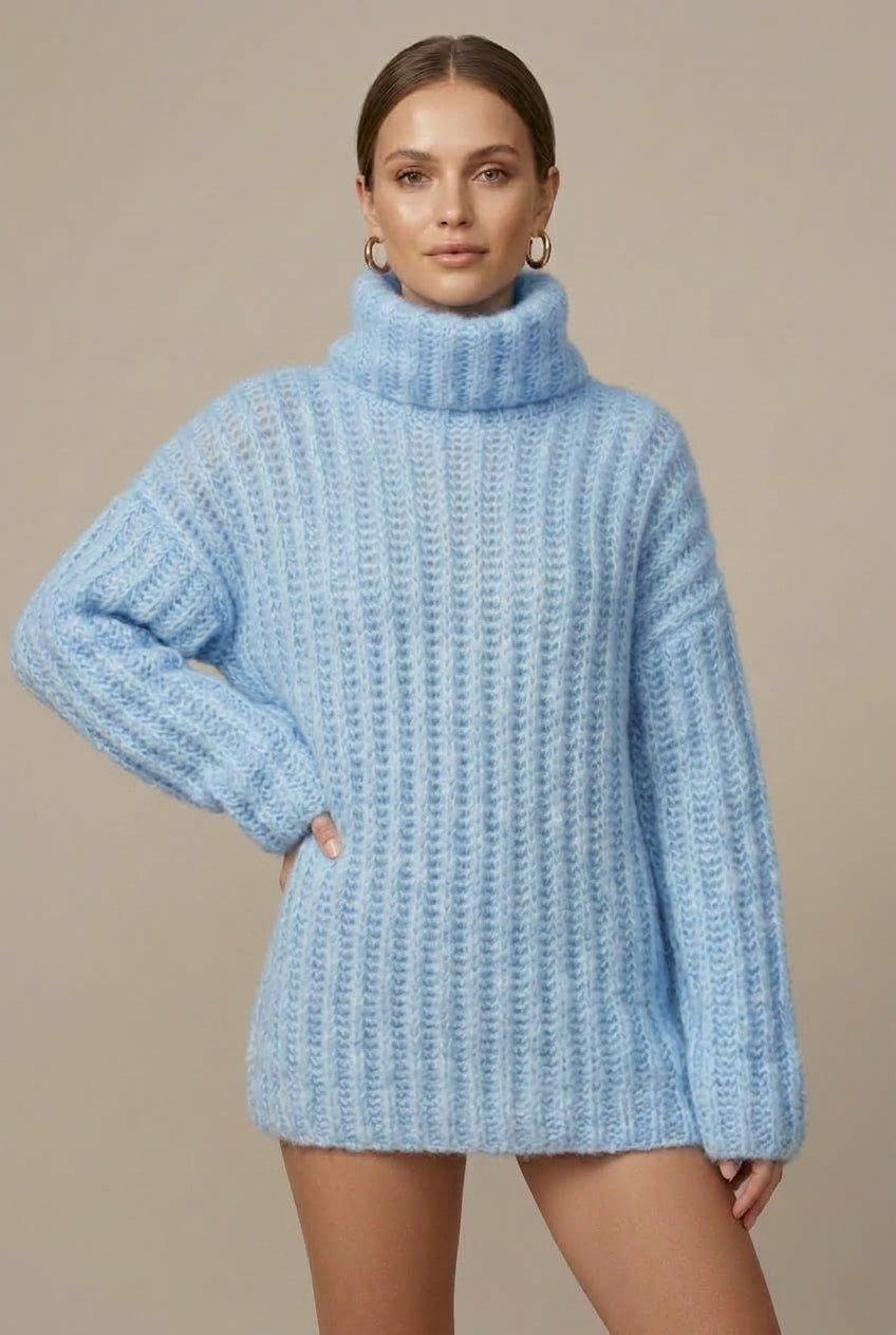 Oversized Grofgebreide Coltrui met Ballonmouwen – Light Blue