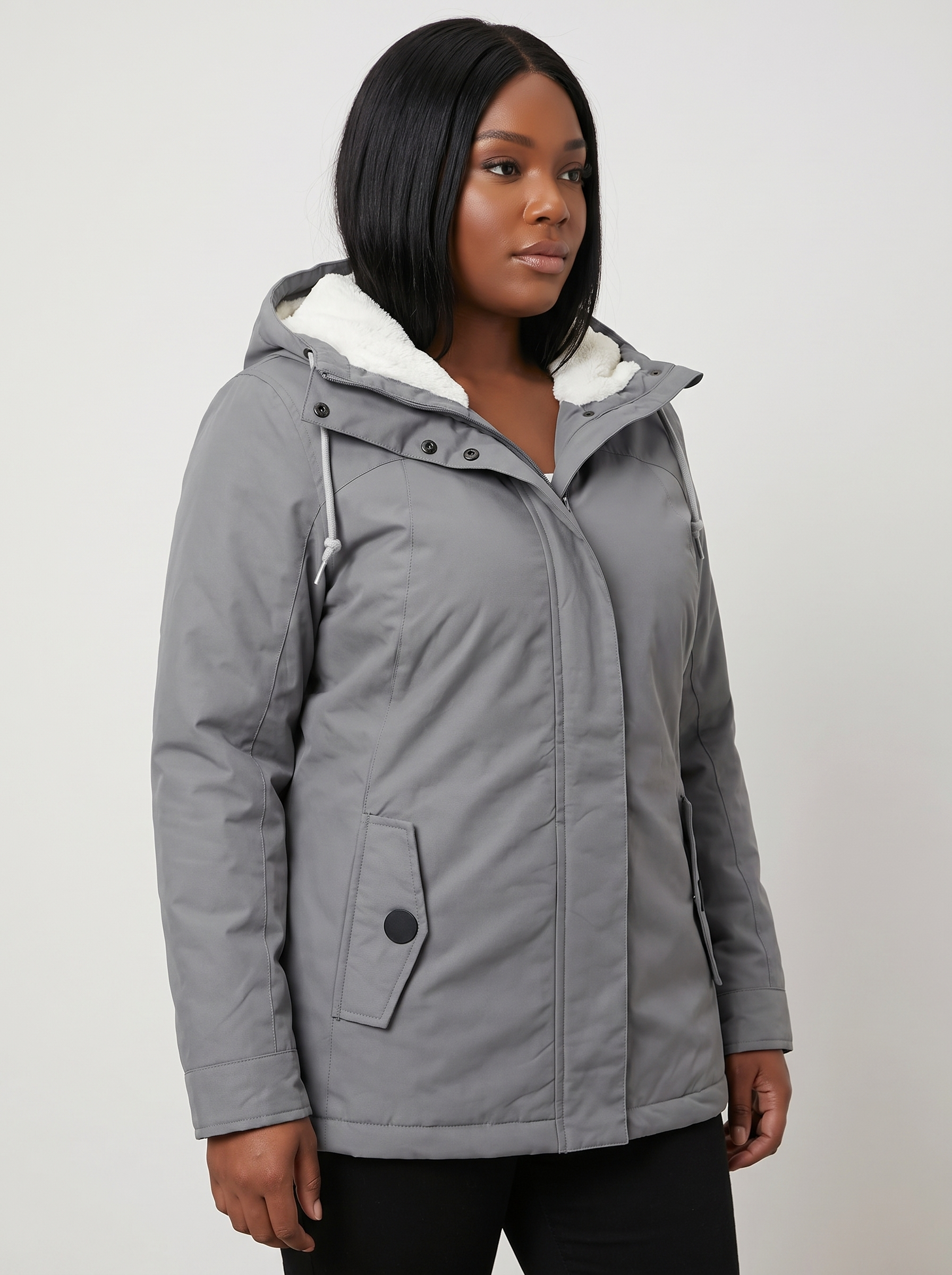 Maggie Lange Winterparka met Capuchon en Teddyvoering – Grijs (detail)
