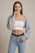 Cropped Grofgebreid Vest met Ballonmouwen – Open Voorkant – Gray