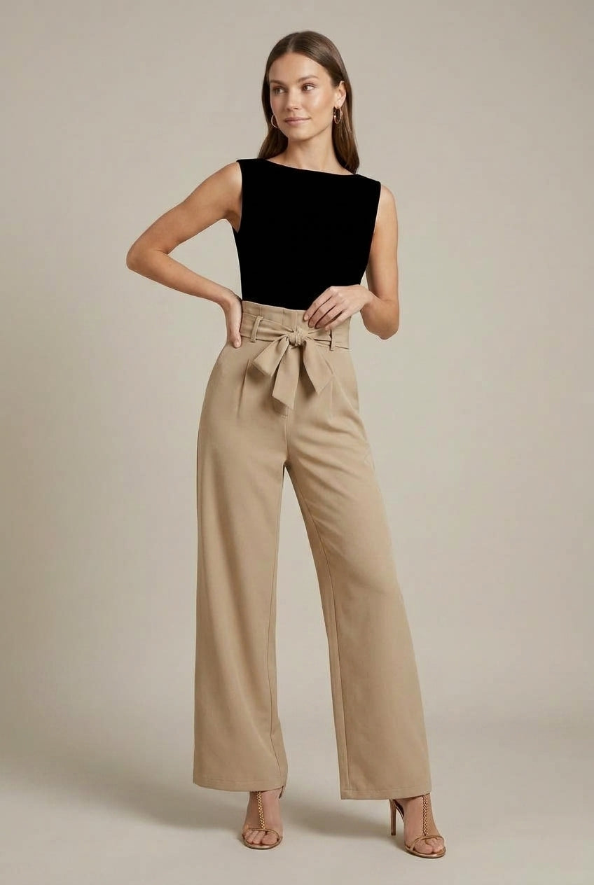 Wijde broek met hoge taille en strikceintuur – Beige