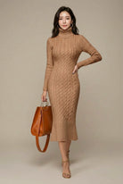 Gebreide midi-jurk met kabelpatroon en col – Khaki