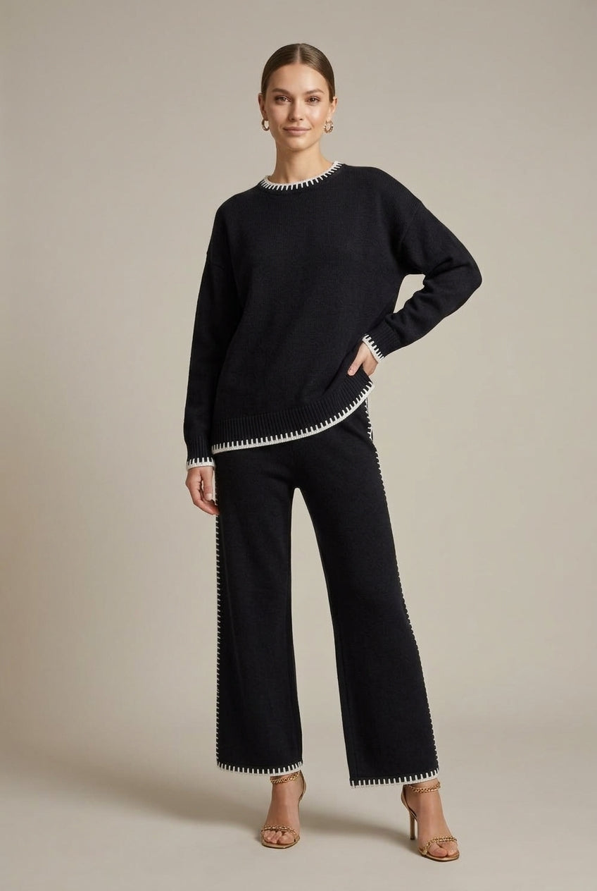 Gebreide loungeset dames – oversized trui met wijde broek – Black