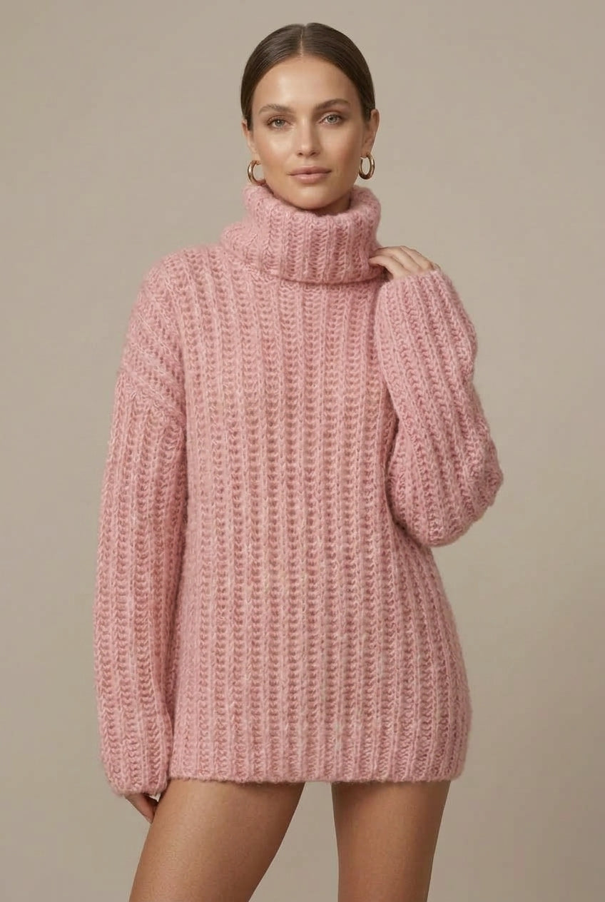Oversized Grofgebreide Coltrui met Ballonmouwen – Pink