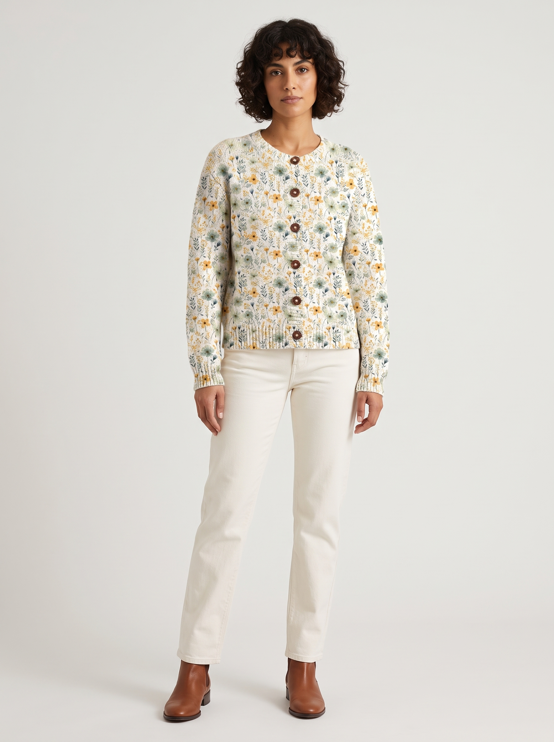 Gebreid dames vest met bloemenprint en knoopsluiting – Lichtgroen