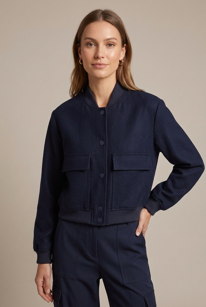 Lichte bomberjas dames – relaxed fit met drukknopen – Navy Blue