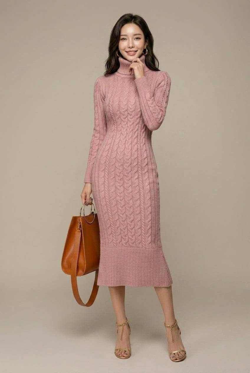 Gebreide midi-jurk met kabelpatroon en col – Pink