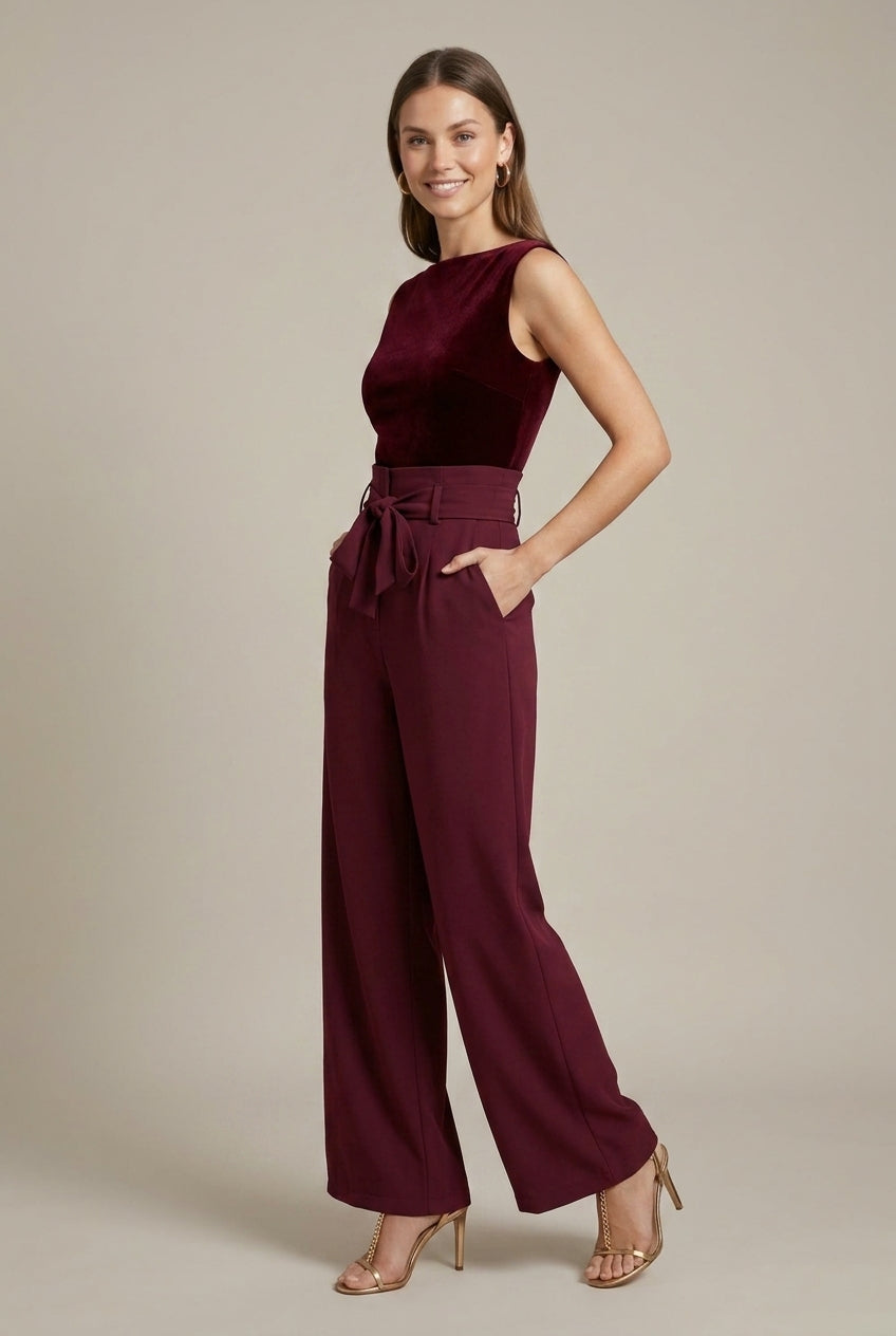 Wijde broek met hoge taille en strikceintuur – Wine Red
