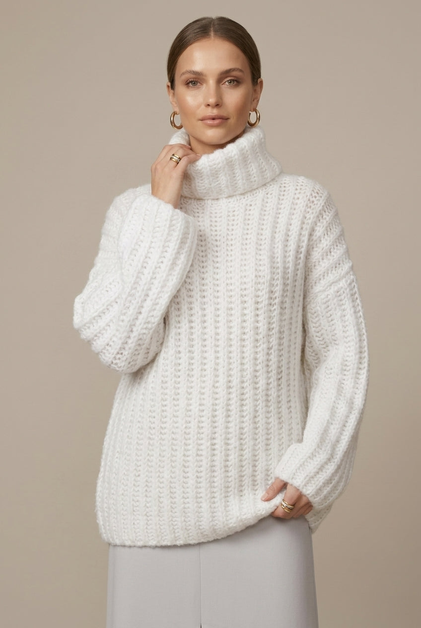 Oversized Grofgebreide Coltrui met Ballonmouwen – White