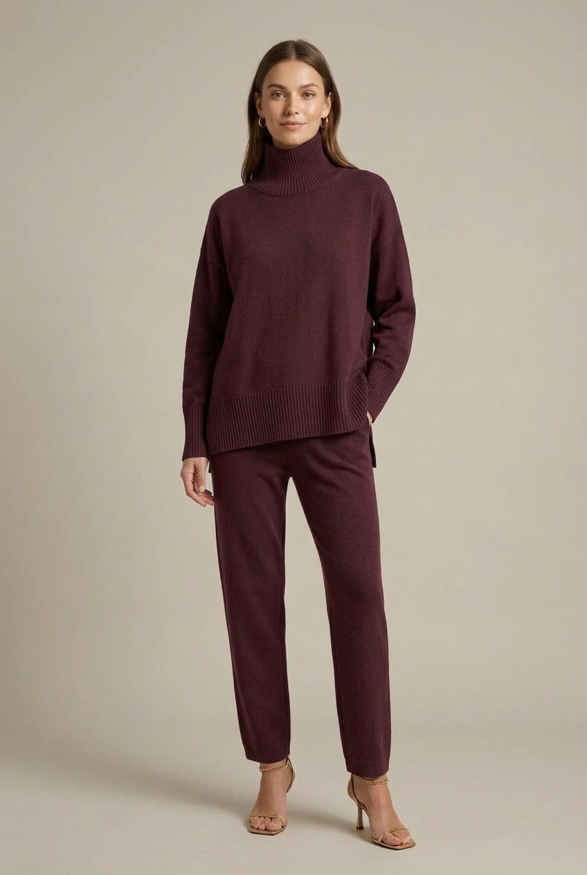 Gebreide Tweedelige Loungeset met Col en Wijde Broek – Burgundy