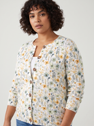 Gebreid dames vest met bloemenprint en knoopsluiting – Lichtgroen (detail)